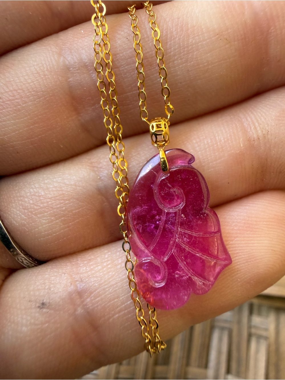 Handmade solid 14k gold genuine carved tourmaline necklace